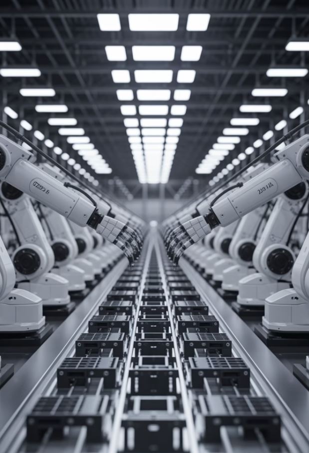 Dexmart- A symmetrical view of a brightly lit factory shows two rows of identical robotic arms, each featuring a robotic joint module, facing each other over a conveyor belt. The scene emphasizes precision, technology, and industrial automation.
