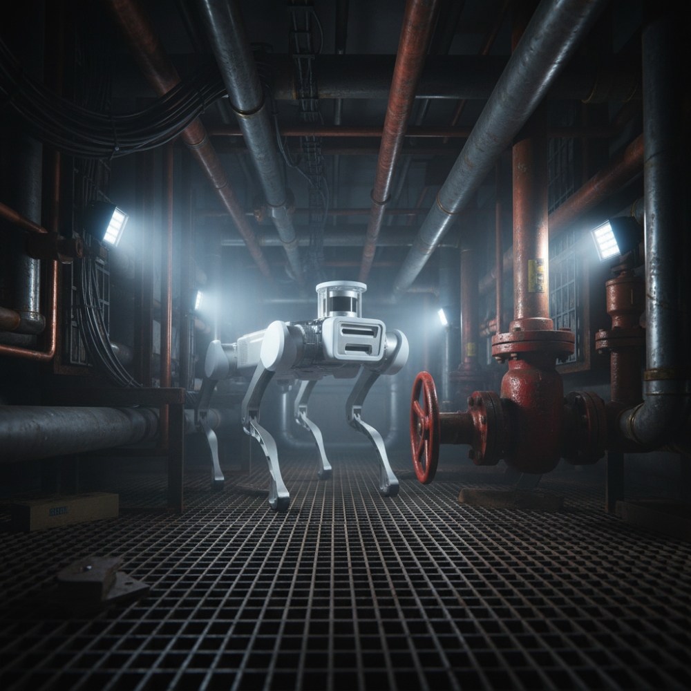 Dexmart- A robotic quadruped with advanced high torque actuators stands on a metal grate floor in an industrial setting, surrounded by pipes and valves. Four spotlights highlight its sleek white body amid the dim, steamy atmosphere.