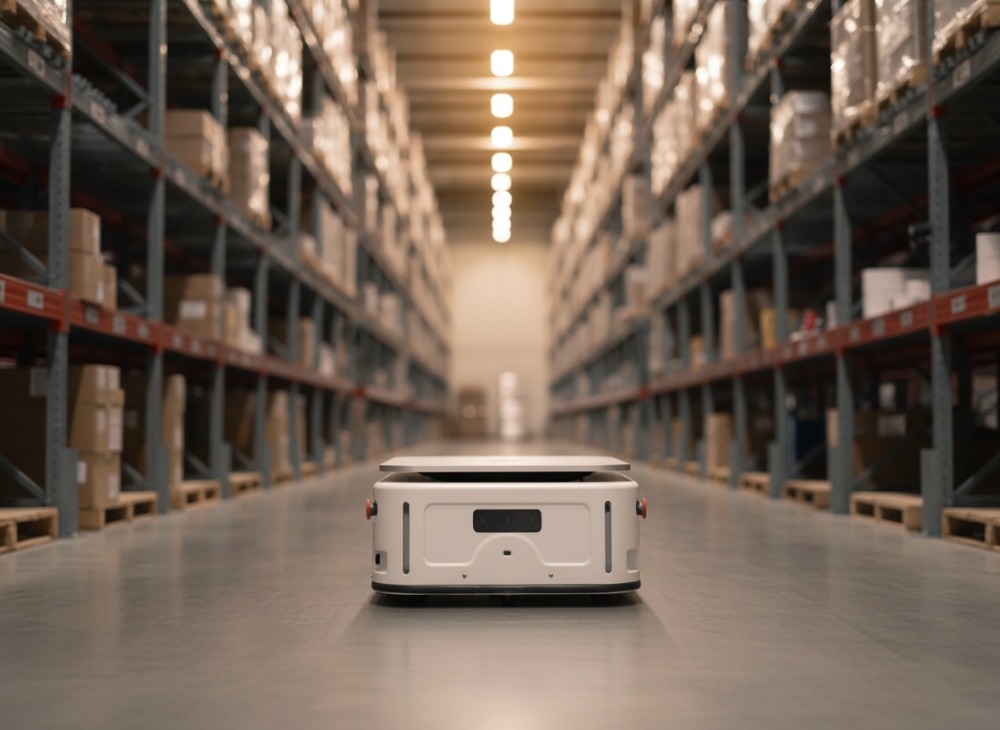 Dexmart- A small, white, box-shaped robot equipped with a high torque actuator moves along the floor of a brightly lit warehouse, flanked by tall shelves filled with boxes and packages stacked on pallets. The low, centered perspective emphasizes its path down the aisle.
