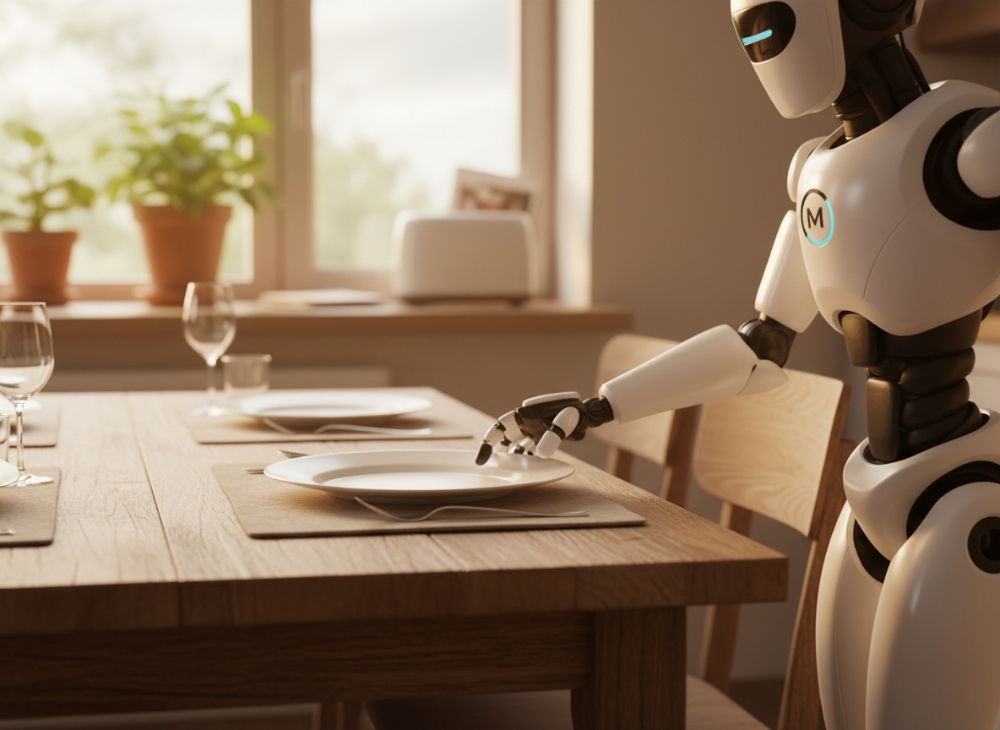 Dexmart- A humanoid robot with a modular robotic actuator sets a wooden dining table with plates and silverware in a sunlit kitchen. Potted plants line the windowsill, creating a warm, organized atmosphere blending technology and home life.
