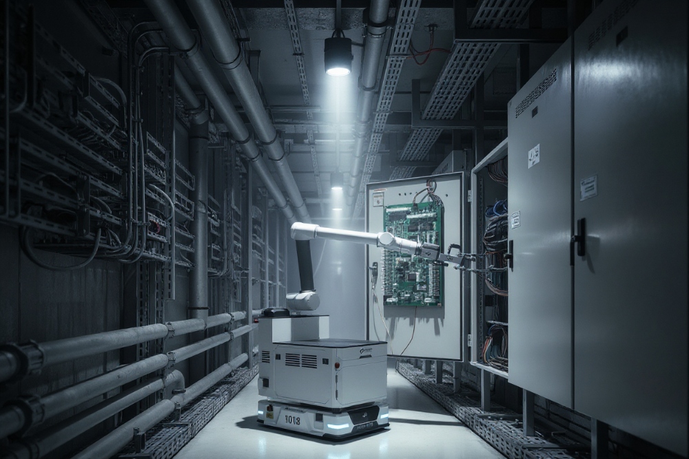 Dexmart- A robotic arm with a modular robotic actuator on a mobile base repairs an open electrical panel in an industrial hallway lined with pipes and control cabinets, illuminated by overhead spotlights in a dim, high-tech environment.